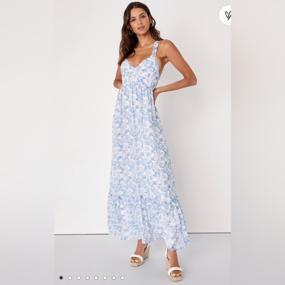 Lulu’s My Love Story White Floral Print Tie-Back Maxi Dress